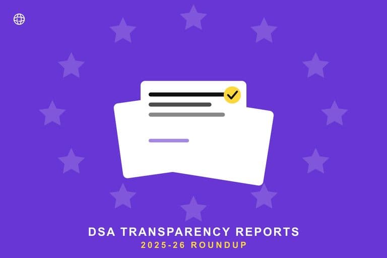 A fanned stack of DSA transparency reports with a checkmark, 2025-26 roundup